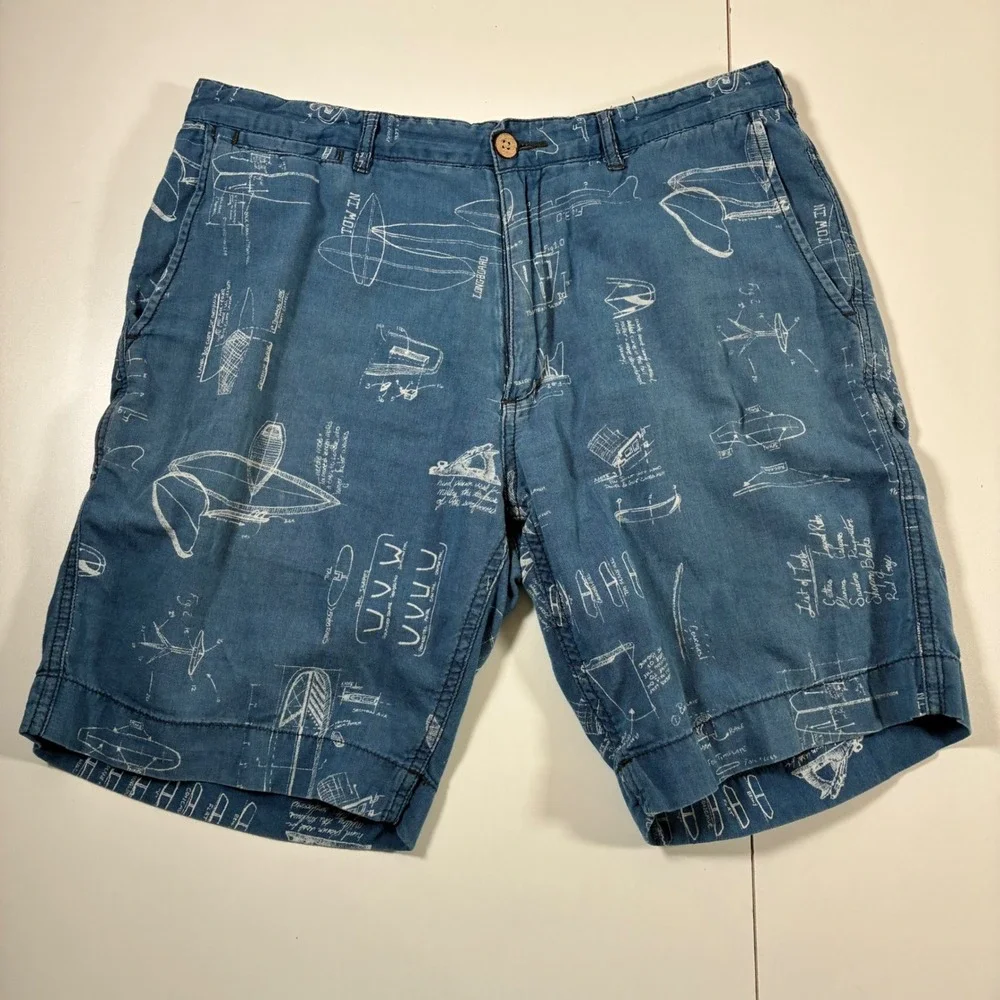 Faherty Linen Blend Shorts 32 Blue Linen Surfboard‎ Beach Blueprint All Over AOP